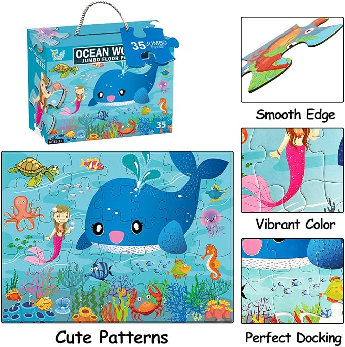 Jumbo Floor Puzzle for Kids, Large Jigsaw Puzzles 35 Piece for Kids Ages 3-5,Preschool Learning & Education Toys, Gifts for 4-8 Year Old Boys and Girls (Marine Animals)