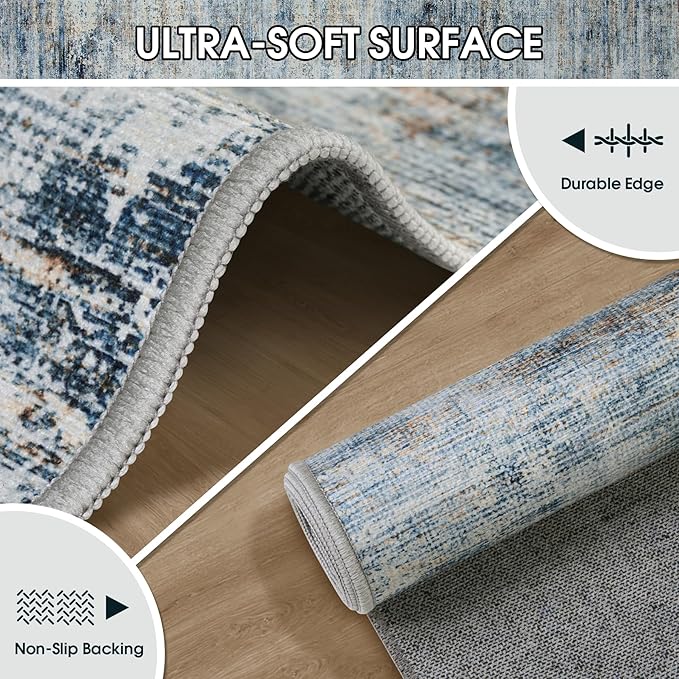Area Rug 5x7 Living Room Rugs: Abstract Large Washable Rugs with Non-Slip Backing, Thin Carpet for Dining Room Table Bedroom Nursery Indoor Home Office-Blue/Brown