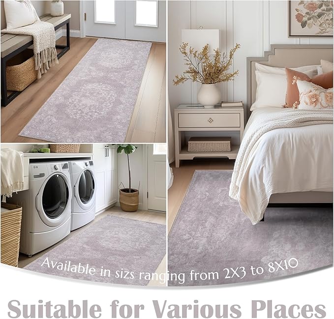 jinchan Hallway Runner Rug 2x8 Vintage Floral Distressed Design - Machine Washable Non-Slip Low-Pile Soft Thin Faux Wool Kitchen Carpet for Farmhouse Bedroom Laundry Room(2x8ft,Orchid)