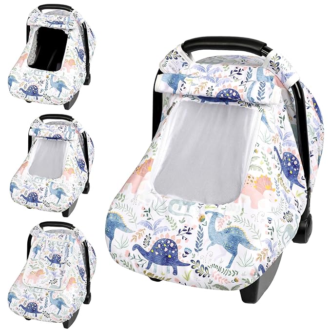 Pea Pod Car Seat Cover Baby Boy, Infant Car Seat Canopy Covers for Newborn with 2 Layers Windows of Breathable Mesh Fabric, Lightweight Polyester/Soft Minky Dot Backing