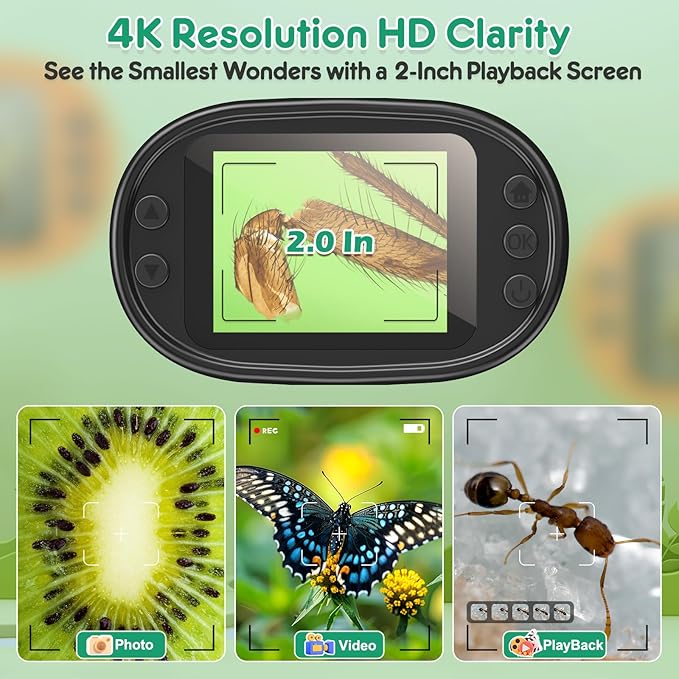 1000X Handheld Microscope for Kids 4K 2.0" Screen Rechargeable Mini Pocket Digital Microscopes w/Slides Kit Portable Edu Gift Age 4-6 8-12 Children Students (Green)