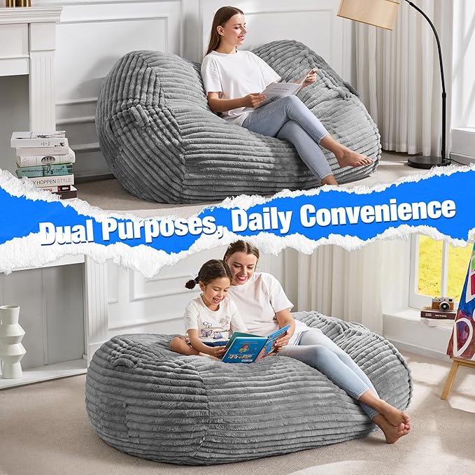 Hobestluk 4FT Bean Bag Chairs Adult Bean Bag with Portable Handle Comfy Large Bean Bag Chair with Removable Cover for Living Room Bedroom or Reading Nook (Stripe Grey, 4FT)