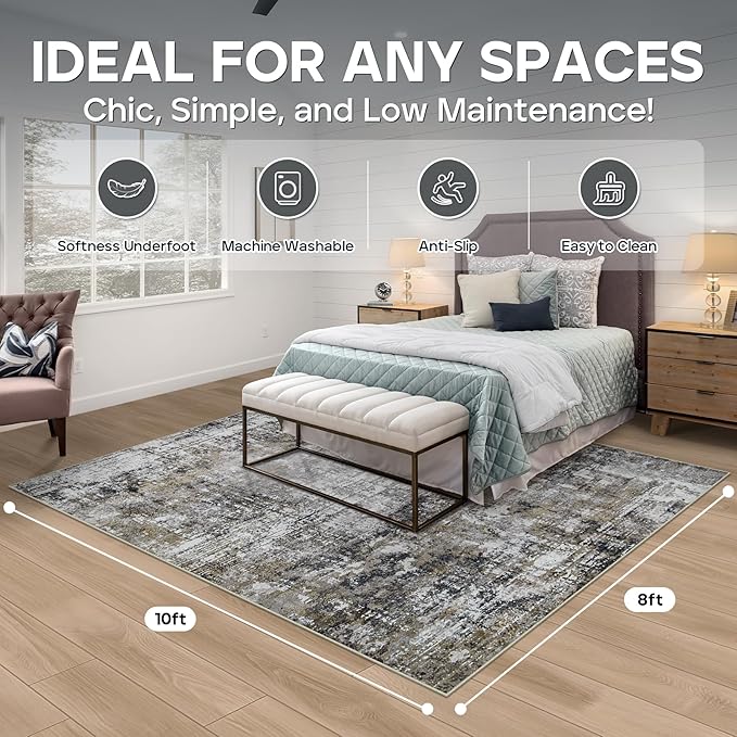 8x10 Area Rugs for Living Room Rug Washable: Modern Large Rug for Dining Room Bedroom Carpet Non Slip 8 by 10 Indoor Abstract Nursery Home Office Black Gold