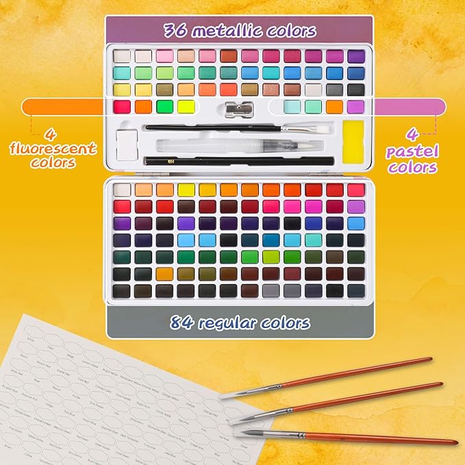 Caliart Watercolor Paint Set, 128 Colors with 4 Brushes Metallic Color Palette Kit, Portable Travel Watercolors Painting Gifts for Adults Kids Teen Girls Boys Art Supplies