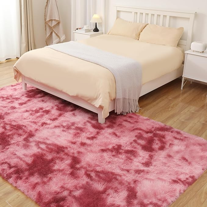 Luxury 4x6 Area Rug, Ultra Soft Rugs for Living Room, Plush Carpet Rugs for Bedroom, Non-Slip Indoor Rug for Nursery, Study Room, Playroom, Home Decor, Tie-Dyed Dark Pink