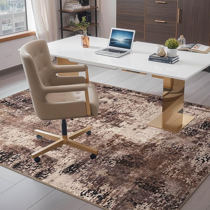 Living Room Rugs 5x7 Brown Washable Area Rug, Abstract Modern Bedroom Rugs Coffee Non Slip Stain Resistant Neutral Large Carpet for Nursery, Dining, Kids Playroom, Dining Room, Office