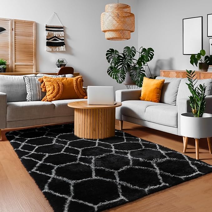 ONASAR Geometric Area Rugs for Bedroom Living Room, Washable 4x6 Black and White Fluffy Shag Throw Rug, Shaggy Plush Bedside Floor Carpet for Nursery Kids Teens Girls Boys Dorm Home Decor