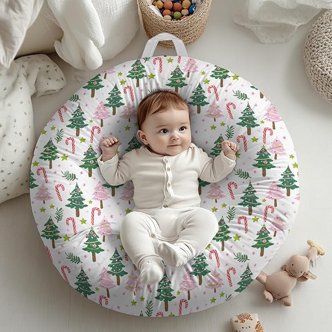 Cartoon Winter Christmas Tree Stars Leaves Pattern Baby Lounger Cover, Unisex Removable Infant Newborn Snug Fit Floorseat Sleeping Lounger Slipcover for Boys Girls Lounger Pillow, Cover Only-24*26