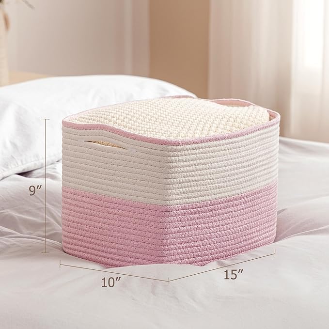 UBBCARE 4 Pack Baskets for Organizing, Woven Storage Baskets for Toys and Towel, Rectangle Cotton Rope Basket with Handles, 15''L x10''W x9''H, Pink