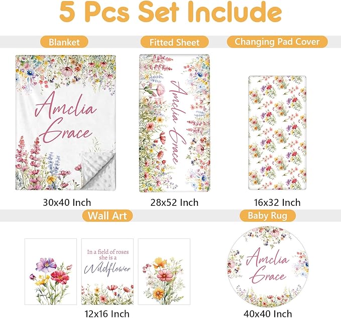 Custom Crib Bedding Set - 5 Pcs Customized Baby Crib Set with Name - Soft Double Layer Flower Nursery Baby Bedding Set for Girls Boys - Personalized for Infants Toddlers