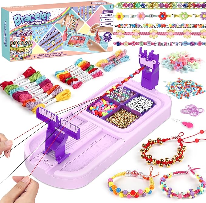 Friendship Bracelet Making Kit, Arts and Crafts Loom Bracelet Maker for Kids, Jewelry String Making supplies with 3 Thread Styles & 6 Bead Types, Christmas Birthday Gifts for Girls Ages 6 7 8 9 10+