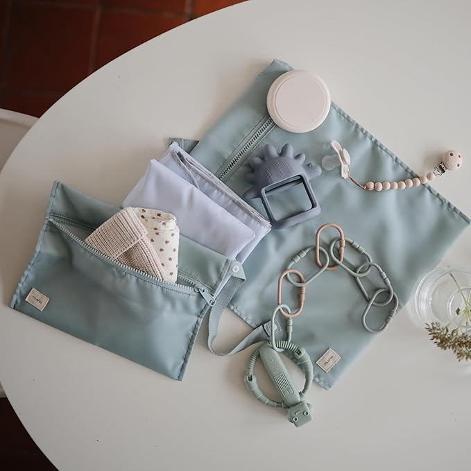 mushie Water Resistant Wet Bags | Large & Small Reusable Storage Bag for Baby Items and Travel | Zippered Pockets with Handle | Machine Washable, Set of 2 (Olive Check)