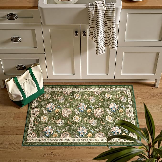 jinchan 2x3 Floral Rug for Entryway Washable Kitchen Rug Vintage Romance Design Small Mat Non Slip Indoor Doormat Lightweight Low-Profile Throw Carpet for Entrance Bathroom Laundry Room, Green