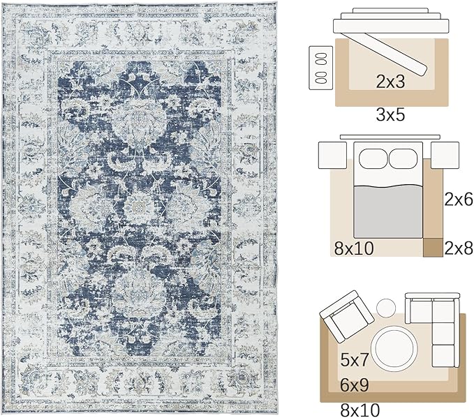 jinchan 6x9 Area Rug for Living Room Machine Washable Vintage Floral Distressed Design Stain Resistant Boho Carpet Ultra-Thin Low Pile Non-Slip Rug for Bedroom Dining Room Home Office(6‘x9',Dark Blue)
