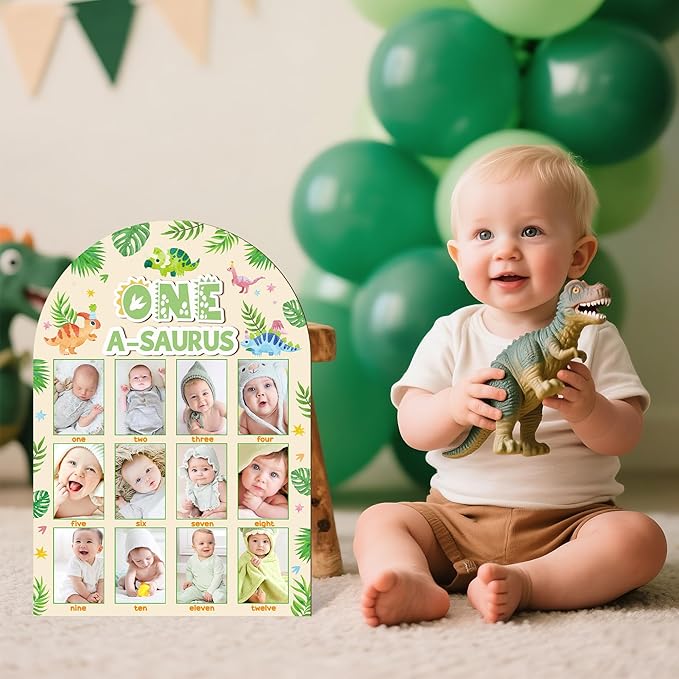R HORSE My First Year Photo Frame Board, 3D One a Saurus Birthday Decorations Display Wood Board, Dinosaur Themed Baby First Year Picture Frame 12 Months Milestone 1st Birthday Nursery Decor Gift