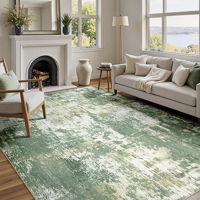Washable Area Rugs 8'x10' Non-Slip Modern Abstract Soft for Living Room Entryway Bedroom Nursery, Print Pattern, Light Green/Yellow
