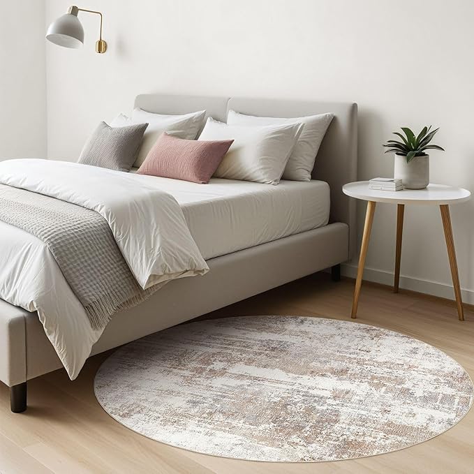 Round Rug Living Room Rugs: 6Ft Washable Circle Large Abstract Modern Soft Stain Resistant Non Slip Indoor Floor Carpet for Bedroom Nursery Office Dining Room Dorm Home House Decor- Brown