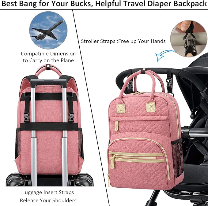 Baby Diaper Bag Backpack Tote for Women Large Capacity with Insulated Pockets Multifunctional Waterproof Diaper Bags For Baby Girl Boy Mama Maternity Travel Bag Pink