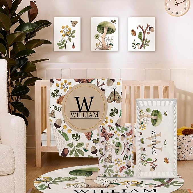 Personalized Baby Crib Bedding Set for Baby Boys Girls, Mushroom Design Custom Name Baby Crib Sets 5-Pcs, Toddler Double Layer Blanket Fitted Sheets Changing Pad Cover Rug Wall Art Set