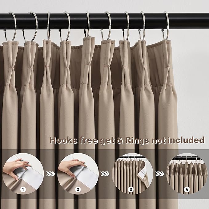 KEQIAOSUOCAI Pleated Blackout Curtain Drapes for Window 95" L - Triple Weave Energy Saving Solid Pinch Pleat Hook Thermal Room Divider Blackout Panels for Patio (72" Wide per Panel, 2 Panels, Khaki)
