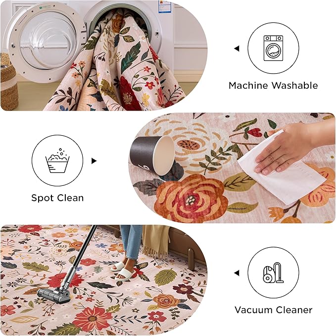 Rug Runners 2x6, Floral Washable Kitchen Rugs for Hallways Area Rugs, Non Slip Long Rug Low Pile Doormat Flower Carpet for Kitchen, Entryway Indoor, Bedroom, Bathroom, Laundry, Pink/Beige