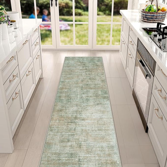 Washable Modern Abstract Kitchen & Hallway Runner Rug, 2'6''x8', Green with Non-Slip Backing
