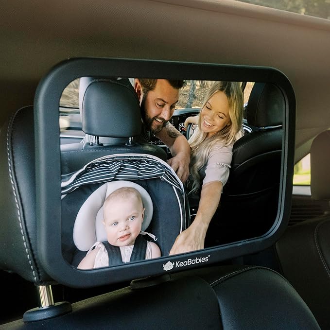 Large Shatterproof Baby Car Mirror, Backseat - Safety Car Seat Mirror for Baby Rear Facing, 360 Wide Crystal Clear View, Accessories for Removable Headrest, Easy Install & Adjustable (Sleek Black)
