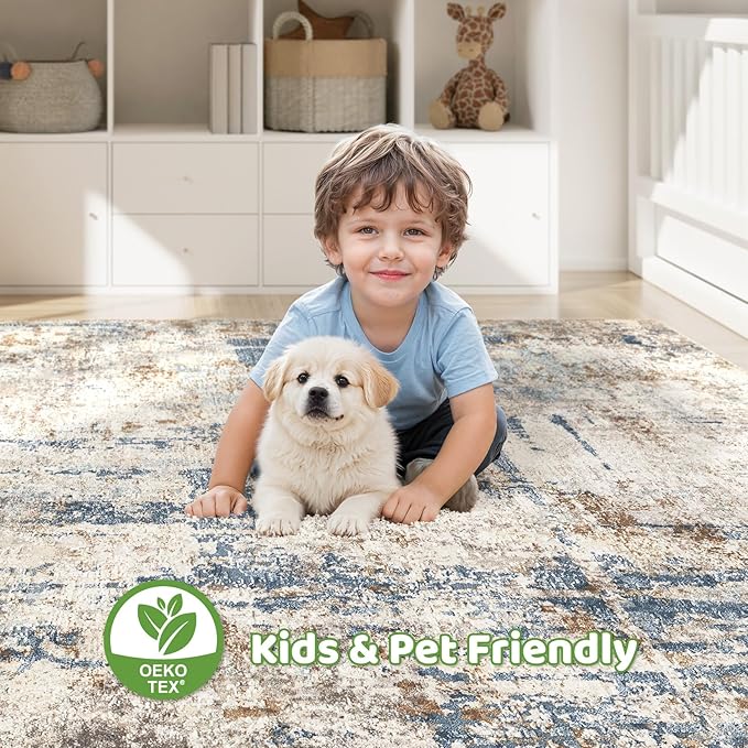 4x6 Rug Washable Area Rugs: Abstract Modern Soft Stain Resistant Indoor Floor Accent Non Slip Carpet for Living Room Entryway Kitchen Bedroom Nursery Office Bedside Home House Decor- Tan