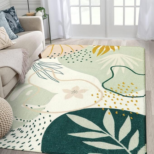 Lahome Green Botanical Print Washable Rugs - 5x7 Area Rugs for Living Room Boho Throw Large Bedroom Kitchen Rug Non-Slip Low-Plie Entryway Rug Floor Mat Carpet for Dining Laundry Room Office Rug