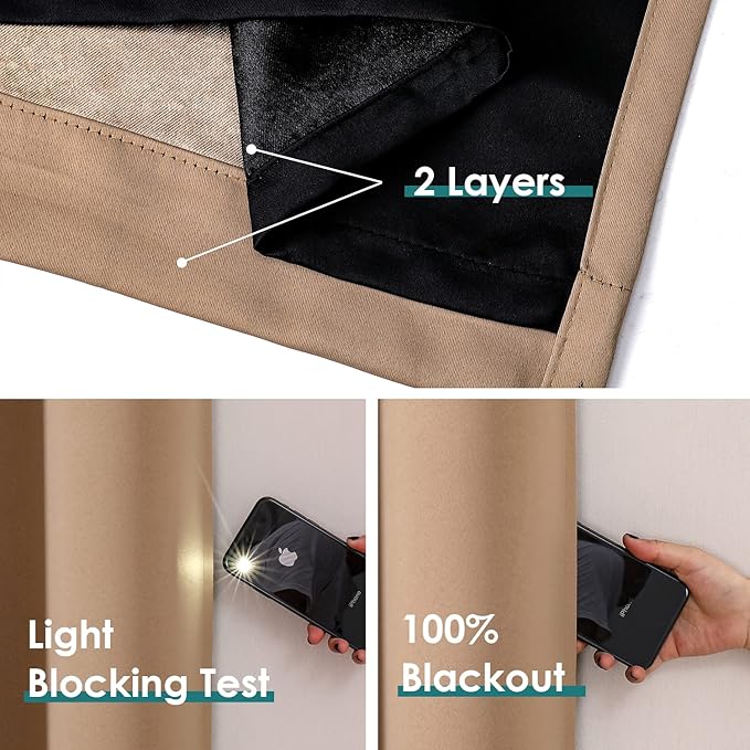 ChrisDowa 100% Blackout Curtains 120 inch Long for Bedroom with Black Liner, 2 Thick Layers Total Blackout Thermal Insulated Grommet Long Window Curtains 2 Panels Set (Cappuccino, 52 x 120 Inch)