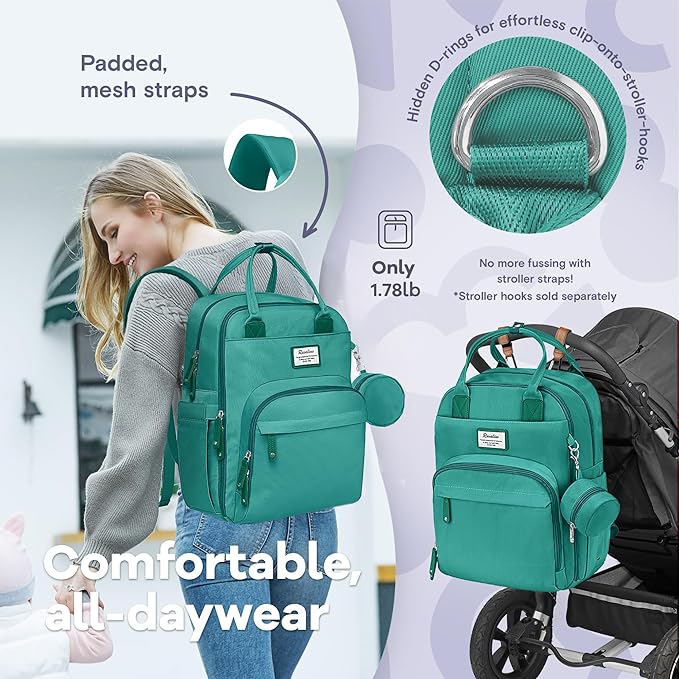 RUVALINO Diaper Bag Backpack-Multifunction Baby Travel Bag with Changing Pad, Insulated Bottle Holders & Pacifier Case, Large Capacity, Waterproof, Turquoise