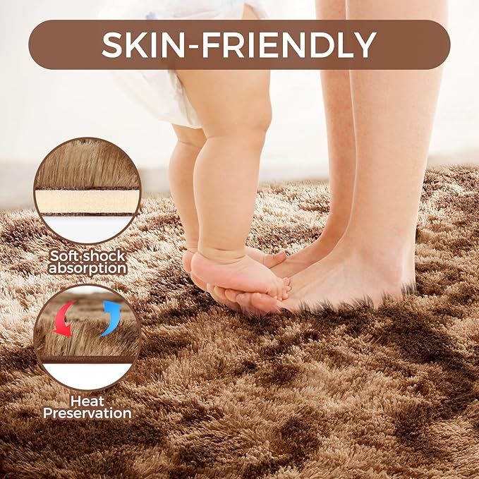 Ultra Soft Rug for Living Room, 9X12 Fluffy Shag Area Rug for Bedroom, Modern Shaggy Carpets Fuzzy Rug for Teens Dorm Nursery Home Decor Aesthetic, Upgrade Anti-Skid Durable, Tie-Dyed Coffee