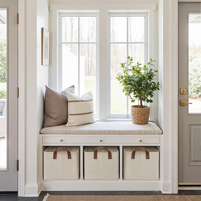 StorageWorks Storage Bins, Shelves Baskets for Organizing, Fabric Closet Organizers with Handles, Metal Frame, Beige（Texture）, 2-Pack