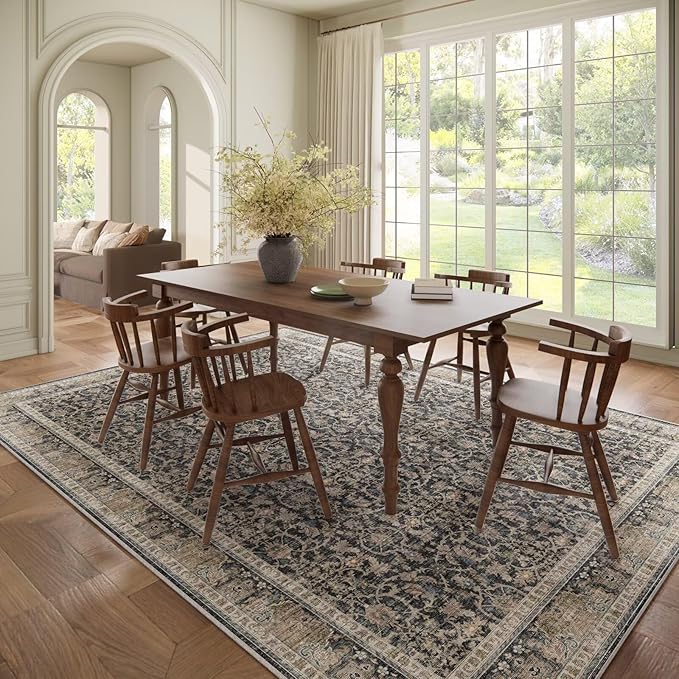 Washable 8x10 Area Rugs for Living Room, Boho Non-Slip Silicone Backing Rugs for Bedroom Dining Room Nursery Office, 0.3" Neutral Oriental Throw Carpet with 0.16" Cushioning Pad, Black/Multi