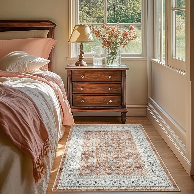 jinchan Washable Area Rug 3x5 Entryway Low Pile Boho Floral Print Rug Faux Wool Soft Indoor Doormat Stain Resistant Non-Slip Ultra-Thin Rug Kitchen Living Room Bedroom Dining Room Office Orange