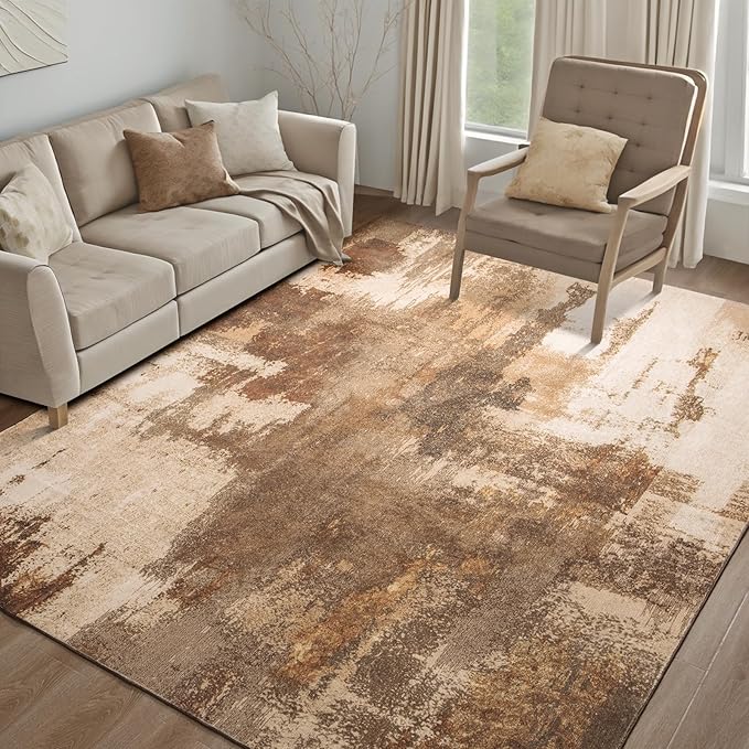 Kelarea Living Room Rug, 8x10 Rug Modern Abstract Washable Rugs Brown Faux Wool Vintage Carpet, Non Slip Rugs for Bedroom, Dining Room, College Dorm, Kids Playroom, Home Office