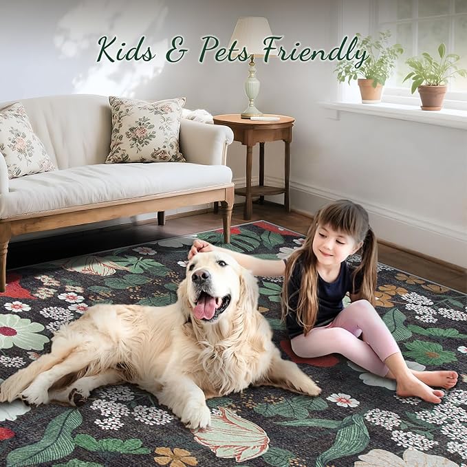 8x10 Area Rug for Living Room: Vintage Floral Washable Rug Soft Boho Non Slip Carpet Large Indoor Floor Non Shedding Low Pile Thin Carpets for Bedroom Dining Room Farmhouse Nursery Home Office Green