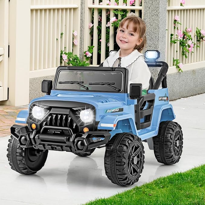 Costzon 12V Kids Ride on Truck Car, Electric Vehicle w/Remote Control, Threaded Wheels, 3 Speeds, LED Lights, Music, Horn & Wireless Connection, Battery Powered Ride on Toy for Boys & Girls 3+ (Blue)