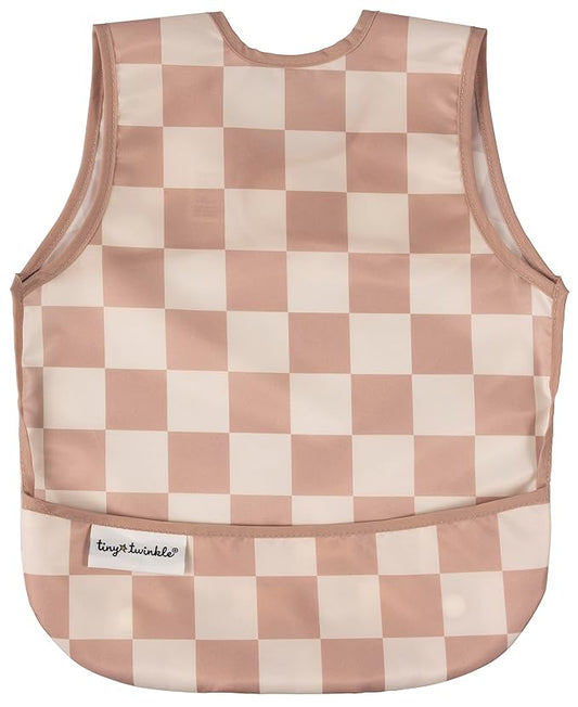 Tiny Twinkle Mess Proof Baby Bib - Waterproof & Lightweight Baby-Led Weaning Apron | 100% Recycled Polyester, Easy Clean & Machine Washable (Brown Checkers, Small 6-24 Months)