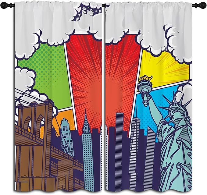 City Rod Pocket Blackout Curtains for Boy Girl Bedroom, Pop Art Style New York Cityscape Home Energy Efficient Light Filtering Window Curtain for Living Room, 42x63 inch