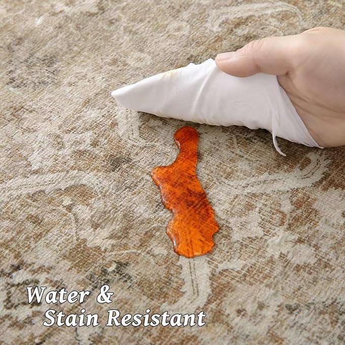 Washable 10x14 Area Rugs for Living Room, Boho Non-Slip Silicone Backing Rugs for Bedroom Dining Room Office, 0.3" Neutral Oriental Throw Carpet with 0.16" Cushioning Pad, Brown/Multi