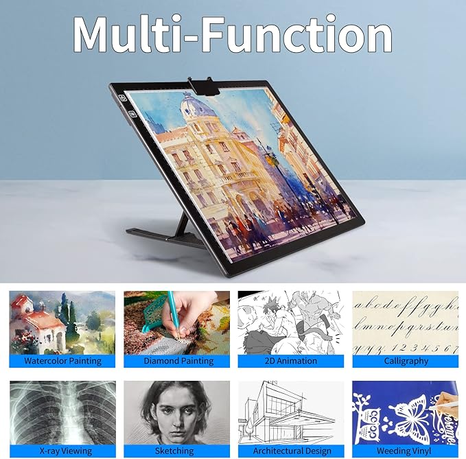 Elice Rechargeable A3 Light Pad with Carry Bag, Top Clip, Foldable Stand, 3 Colors/ 6 Levels/Stepless Dimmable Brightness Wireless tracing Light Box/Board for Diamond Painting, Cricut Weeding Vinyl