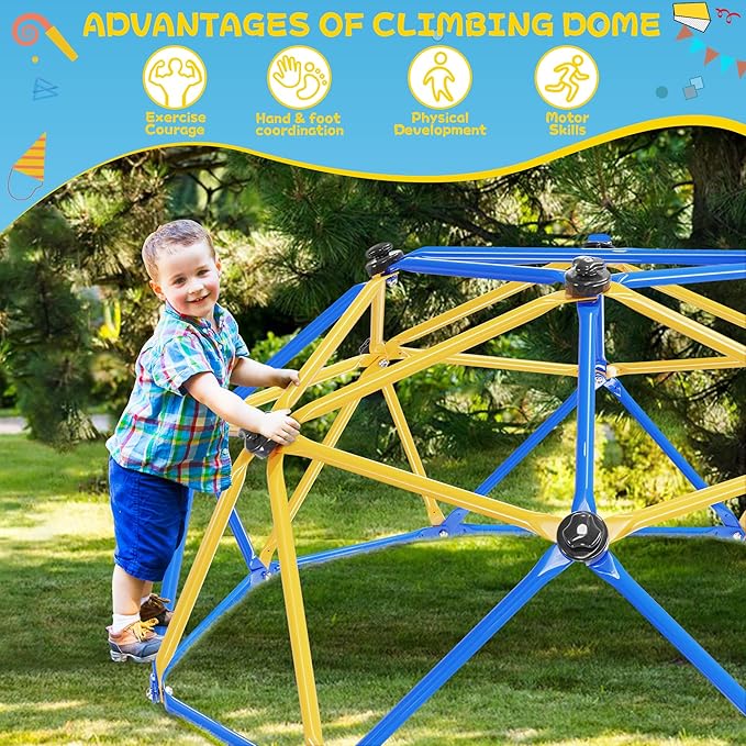 Climbing Dome, 6FT Geometric Dome Climber for Kids, Kids Indoor Outdoor Jungle Gym Supports 600lbs, Easy Assembly Playground Jungle Gym Backyard Play Equipment, Yellow+Blue