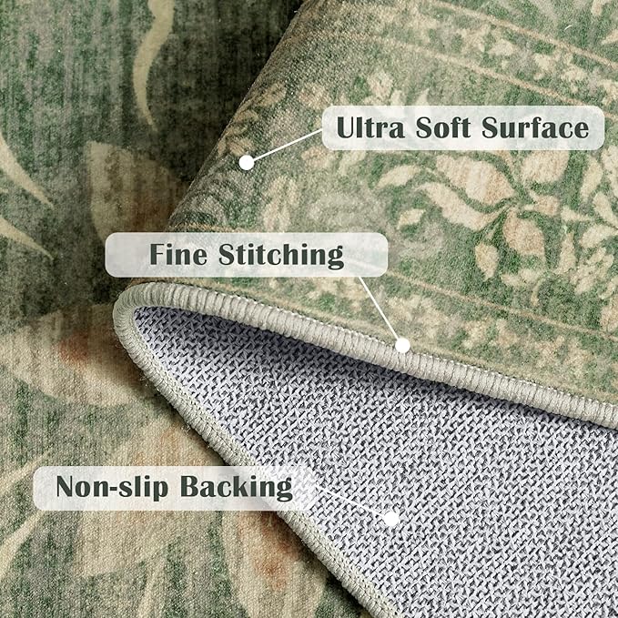 jinchan Green Floral 8x10 Area Rugs for Living Room - Machine Washable Vintage Distressed Design Soft Throw Rug Non-Slip Large Carpet for Bedroom Nursery Dining Room Home Office (8x10ft,Dark Green)