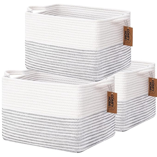 COMFY-HOMI 3 Pack Cotton Rope Square Basket with Handles - Storage & Organizer (White/Black Line, 13.5" x 11" x 9.5")