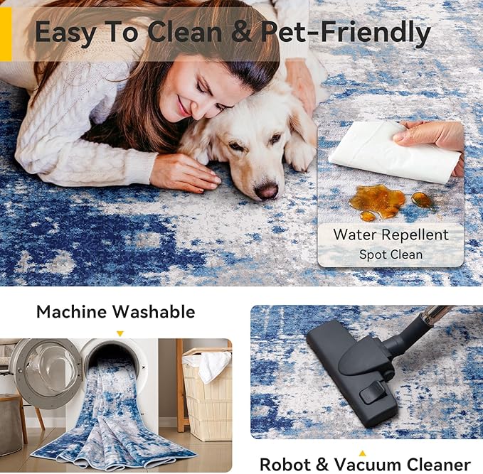 Washable Area Rugs 7'x9' Non-Slip Modern Abstract Soft for Living Room Entryway Bedroom Nursery, Print Pattern, Blue Grey Navy Gray