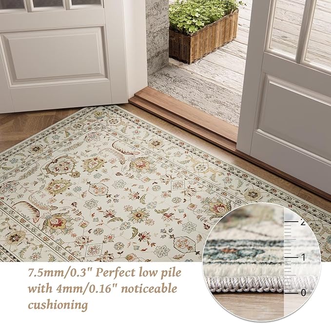 Washable 4x6 Rugs for Living Room, Boho Non-Slip Silicone Backing Small Rugs for Bedroom Nursery Office, 0.3" Neutral Oriental Throw Carpet with 0.16" Cushioning Pad, Light Beige/Multi