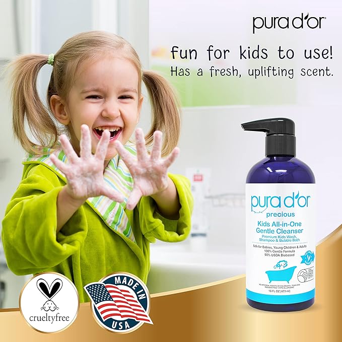 PURA D'OR Kids Wash (16oz x 2 = 32oz) All-in-One Gentle Cleanser - USDA Biobased, Sulfate-Free, Tear-Less, Hypoallergenic, Premium, Shampoo & Bubble Bath
