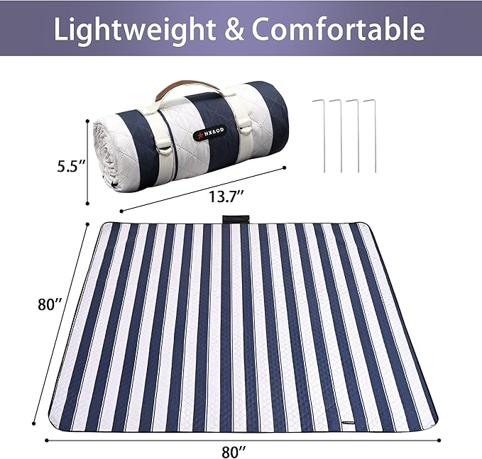 HX&OD Outdoor Picnic Blanket Extra Large, 80''*80'' Waterproof Picnic Mat with Stakes Foldable Camping Blanket Portable with Carry Strap for Beach Mat (Blue& White, 80''*80'')