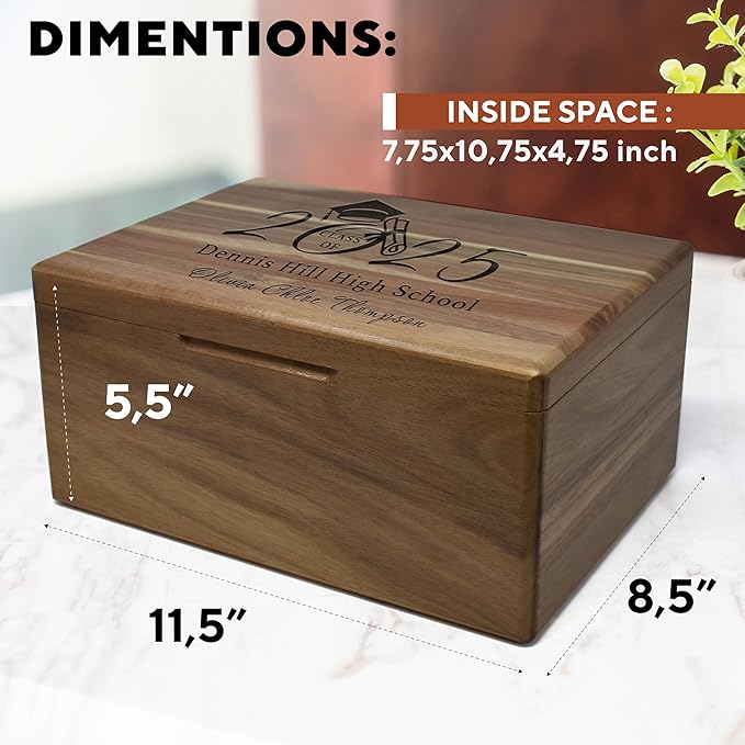 Graduation Boxes 2025 - Personalized Graduation Gifts for Him Her, Engravable High School Memory Box Organizer Boys Girls, Memorabilia Time Capsule, Wood Keepsake Chest Congrats Grad, 11.5x8.5x5.5 in
